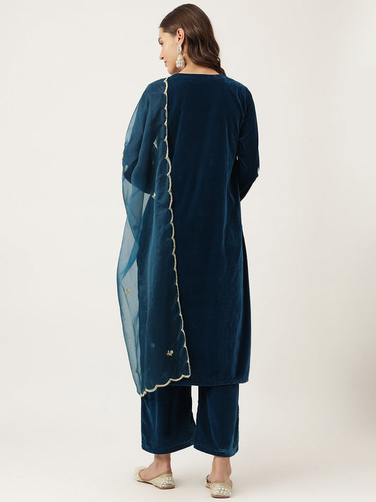 Rayol Blue Hand Embroidered Velvet Straight Kurta, Trousers With Dupatta Set | LASVINI - Redefining Indian Fashion with Elegance