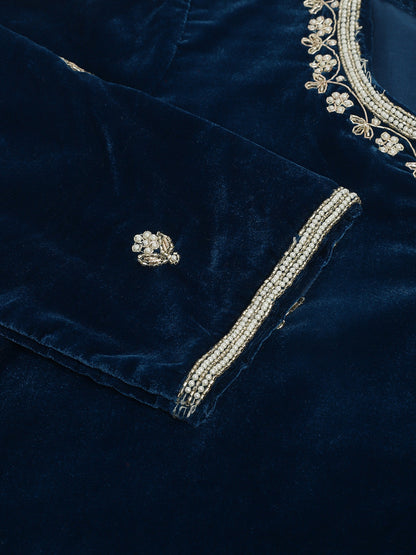 Rayol Blue Hand Embroidered Velvet Straight Kurta, Trousers With Dupatta Set | LASVINI - Redefining Indian Fashion with Elegance