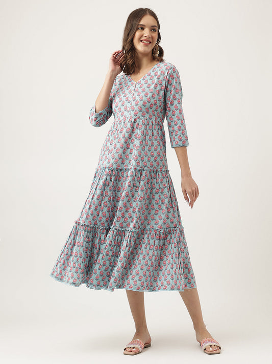 Sky Blue Floral Printed Cotton Tired Dress | LASVINI - Redefining Indian Fashion with Elegance