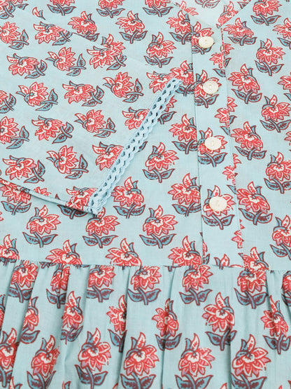 Sky Blue Floral Printed Cotton Tired Dress | LASVINI - Redefining Indian Fashion with Elegance