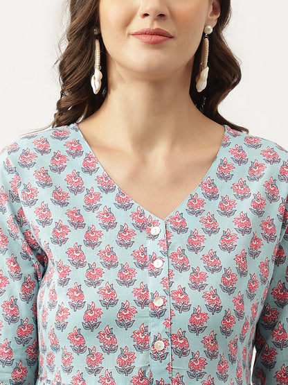 Sky Blue Floral Printed Cotton Tired Dress | LASVINI - Redefining Indian Fashion with Elegance