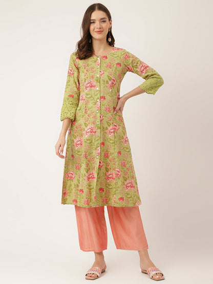 Green Floral Print Cotton A-Line Kurta | LASVINI - Redefining Indian Fashion with Elegance