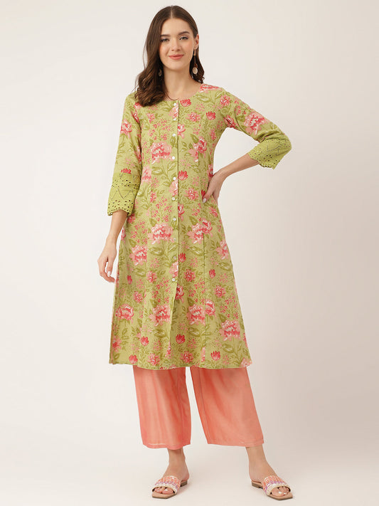 Green Floral Print Cotton A-Line Kurta | LASVINI - Redefining Indian Fashion with Elegance