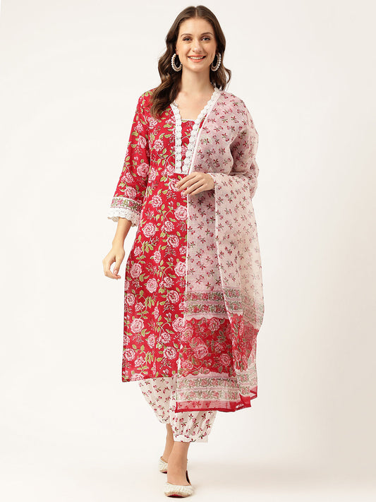 Floral Hand Block Printed Kurta Trouser & Kota Dori Dupatta Set | LASVINI - Redefining Indian Fashion with Elegance