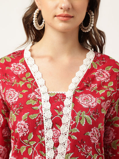 Floral Hand Block Printed Kurta Trouser & Kota Dori Dupatta Set | LASVINI - Redefining Indian Fashion with Elegance