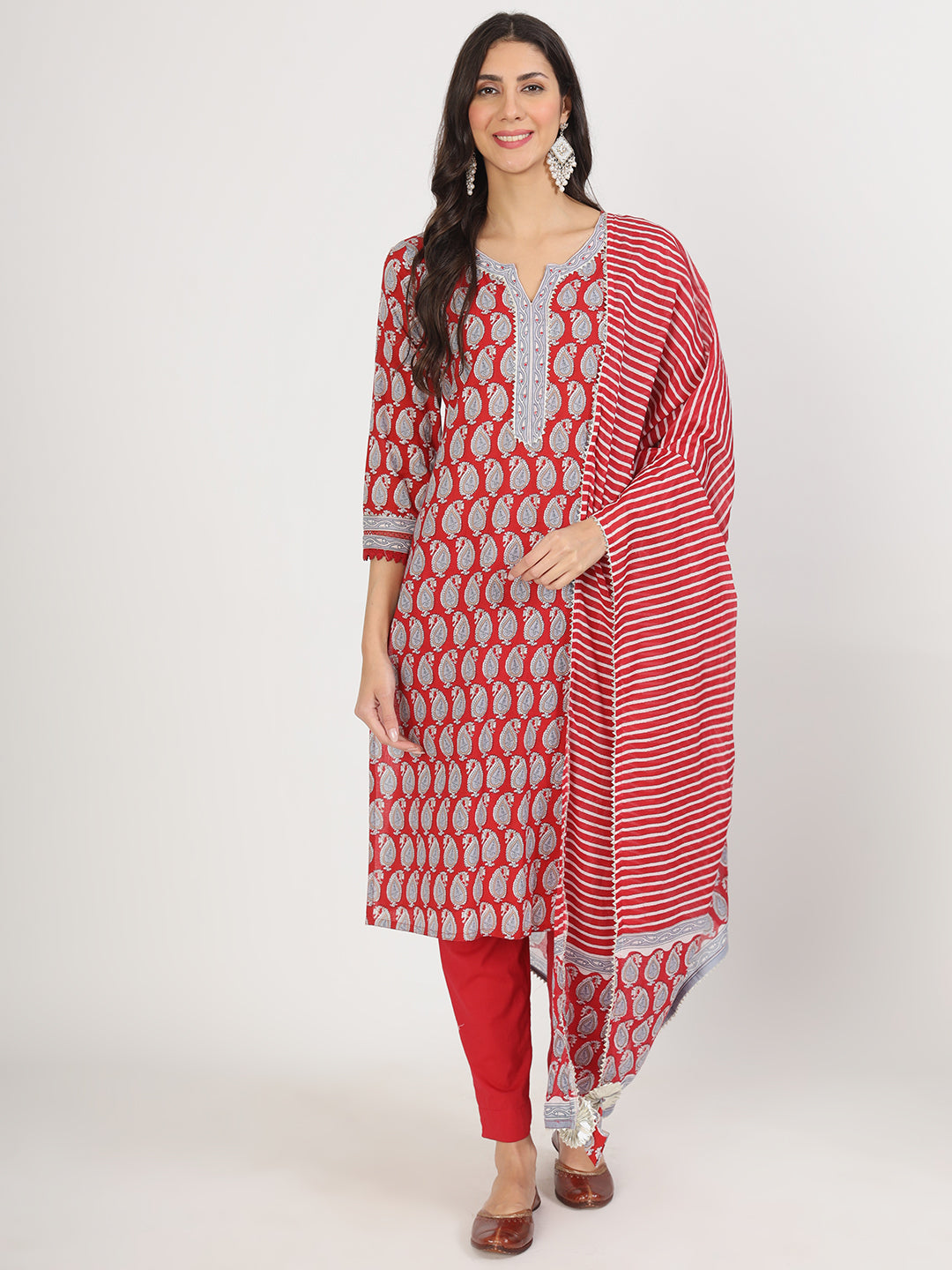 Maroon Floral Print Cotton Kurta Pants With Dupatta Set For Women | LASVINI - Redefining Indian Fashion with Elegance