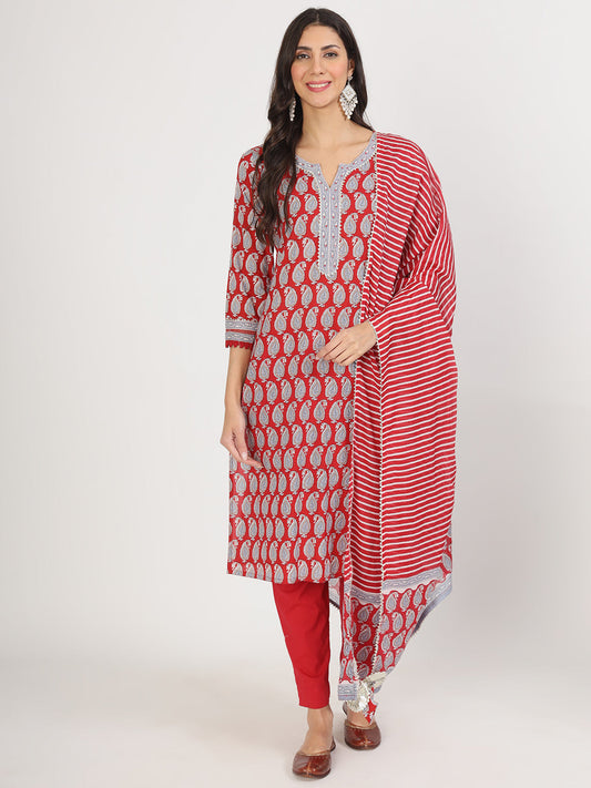 Maroon Floral Print Cotton Kurta Pants With Dupatta Set For Women | LASVINI - Redefining Indian Fashion with Elegance