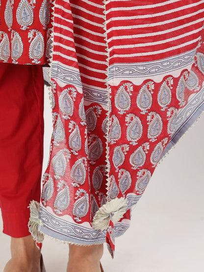 Maroon Floral Print Cotton Kurta Pants With Dupatta Set For Women | LASVINI - Redefining Indian Fashion with Elegance