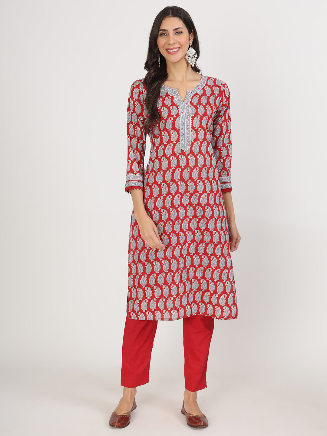 Maroon Floral Print Cotton Kurta Pants With Dupatta Set For Women | LASVINI - Redefining Indian Fashion with Elegance