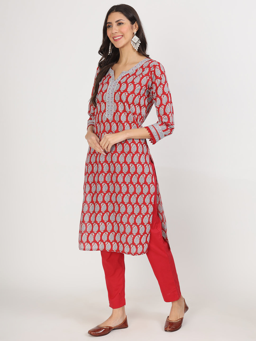 Maroon Floral Print Cotton Kurta Pants With Dupatta Set For Women | LASVINI - Redefining Indian Fashion with Elegance