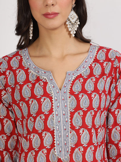 Maroon Floral Print Cotton Kurta Pants With Dupatta Set For Women | LASVINI - Redefining Indian Fashion with Elegance
