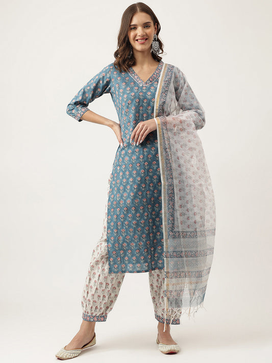 Blue Floral Printed Cotton Embroidered Kurta, Trouser With Dupatta | LASVINI - Redefining Indian Fashion with Elegance