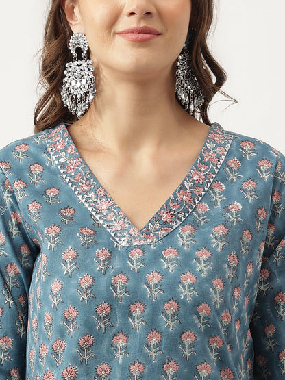 Blue Floral Printed Cotton Embroidered Kurta, Trouser With Dupatta | LASVINI - Redefining Indian Fashion with Elegance