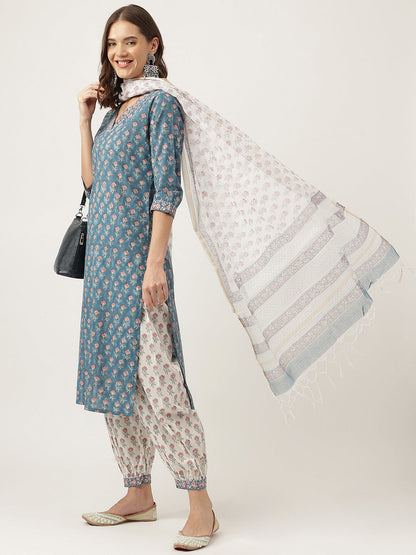 Blue Floral Printed Cotton Embroidered Kurta, Trouser With Dupatta | LASVINI - Redefining Indian Fashion with Elegance