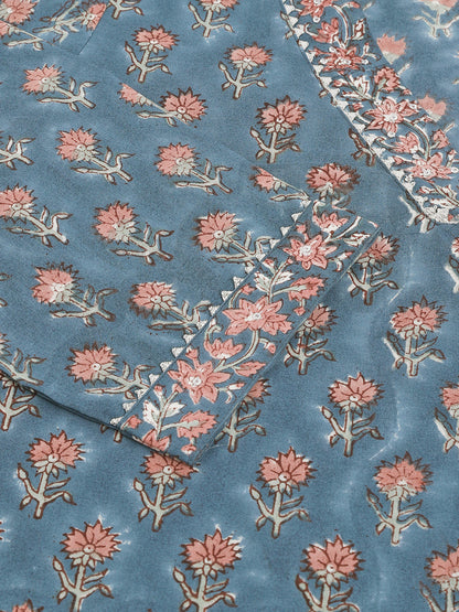 Blue Floral Printed Cotton Embroidered Kurta, Trouser With Dupatta | LASVINI - Redefining Indian Fashion with Elegance