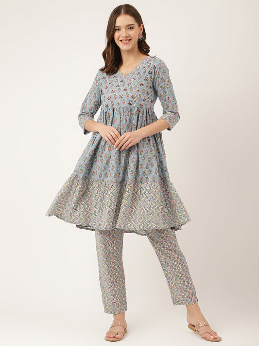 Sky Blue Hand Block Floral Print Cotton Kurta, Trouser | LASVINI - Redefining Indian Fashion with Elegance