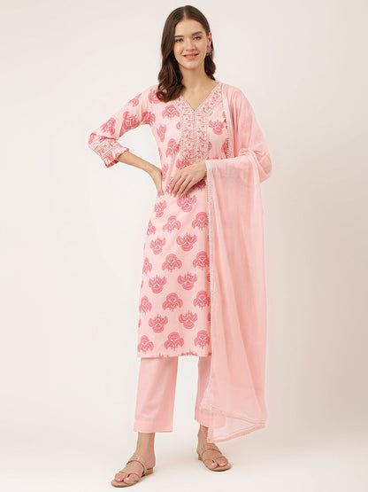 Pink Floral Print Cotton Kurta, Trouser With Dupatta | LASVINI - Redefining Indian Fashion with Elegance