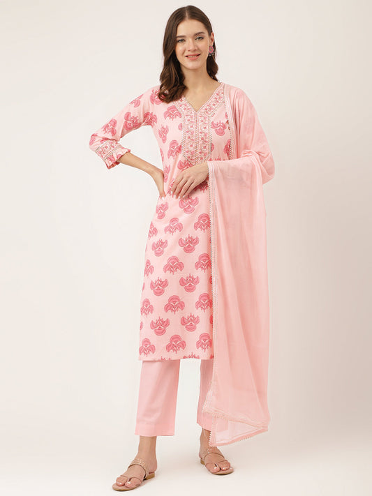 Pink Floral Print Cotton Kurta, Trouser With Dupatta | LASVINI - Redefining Indian Fashion with Elegance