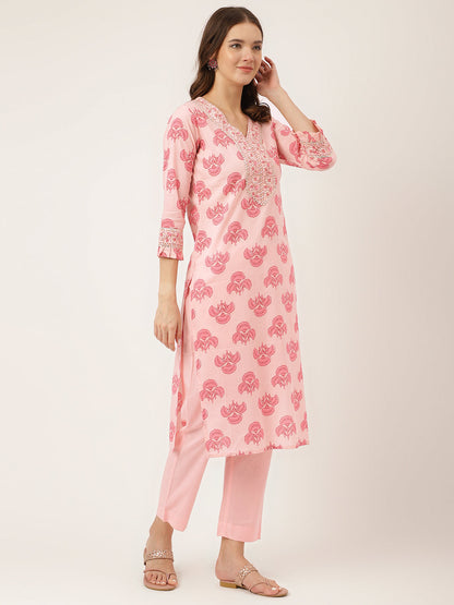 Pink Floral Print Cotton Kurta, Trouser With Dupatta | LASVINI - Redefining Indian Fashion with Elegance