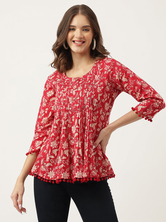 Rani Pink Floral Printed Cotton Peplum Top | LASVINI - Redefining Indian Fashion with Elegance