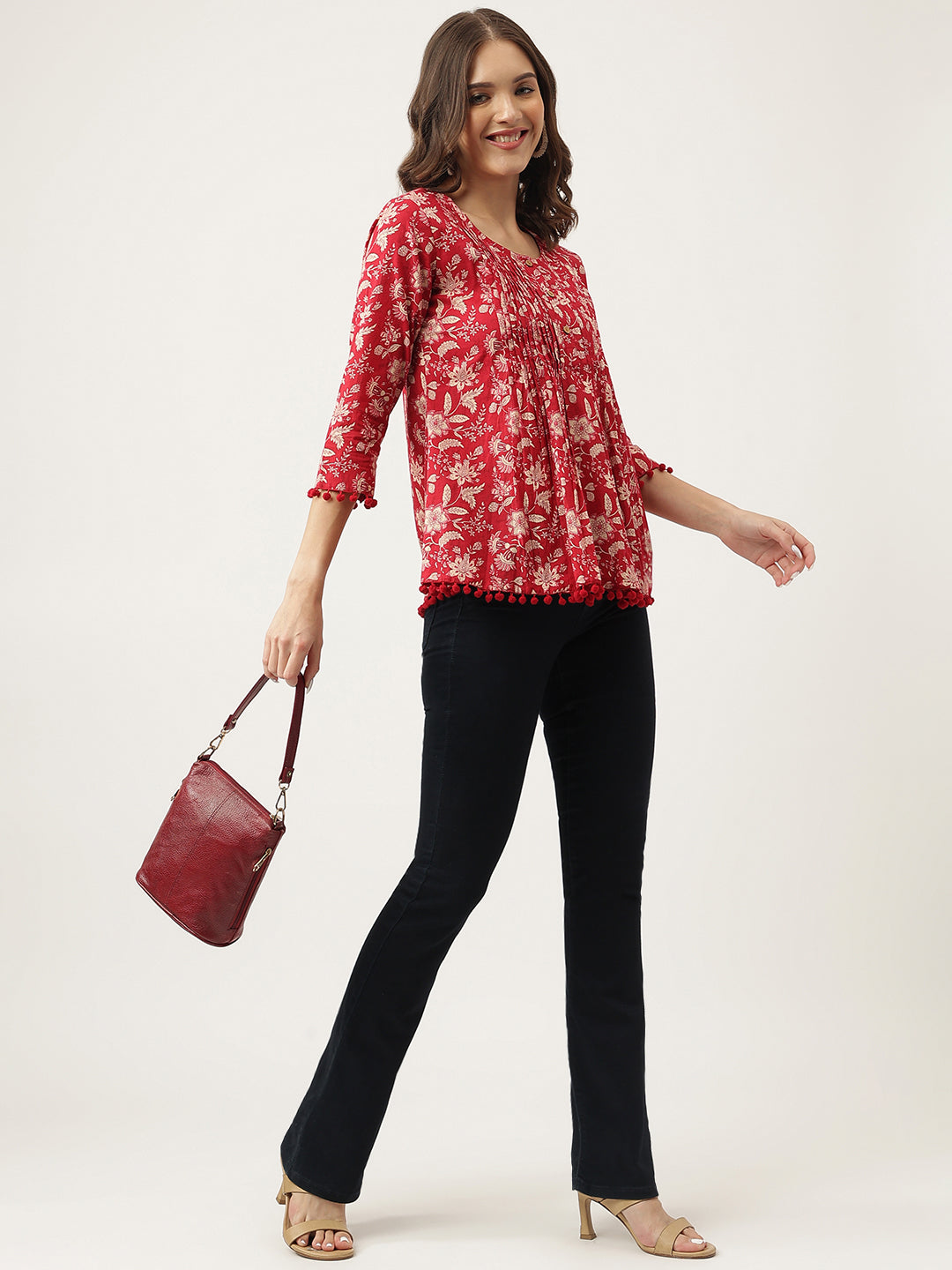 Rani Pink Floral Printed Cotton Peplum Top | LASVINI - Redefining Indian Fashion with Elegance