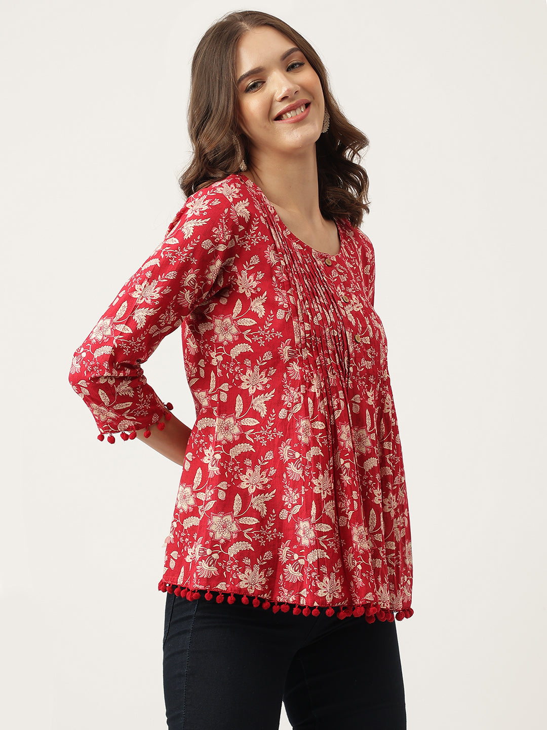 Rani Pink Floral Printed Cotton Peplum Top | LASVINI - Redefining Indian Fashion with Elegance