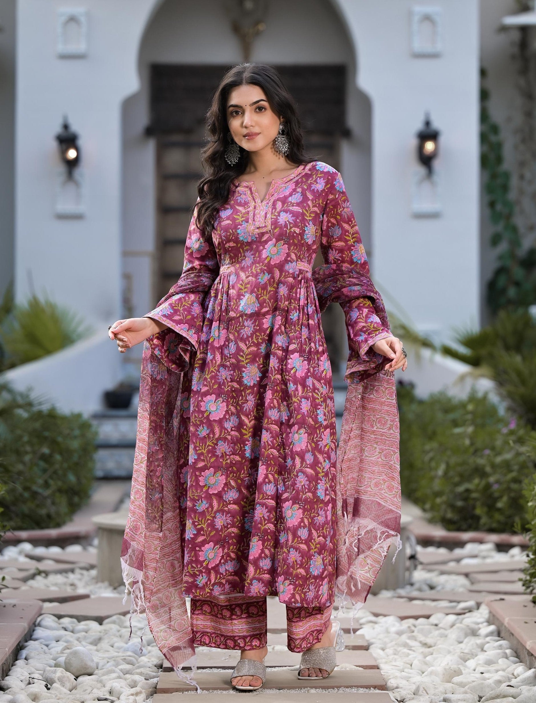 Magenta Hand Block Floral Printed Cotton Kurta Set | LASVINI - Redefining Indian Fashion with Elegance