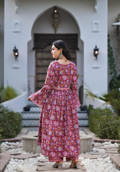 Magenta Hand Block Floral Printed Cotton Kurta Set | LASVINI - Redefining Indian Fashion with Elegance