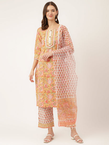 Yellow Hand Block Floral Print Cotton Kurta, Trouser With Dupatta | LASVINI - Redefining Indian Fashion with Elegance