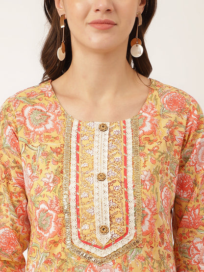 Yellow Hand Block Floral Print Cotton Kurta, Trouser With Dupatta | LASVINI - Redefining Indian Fashion with Elegance