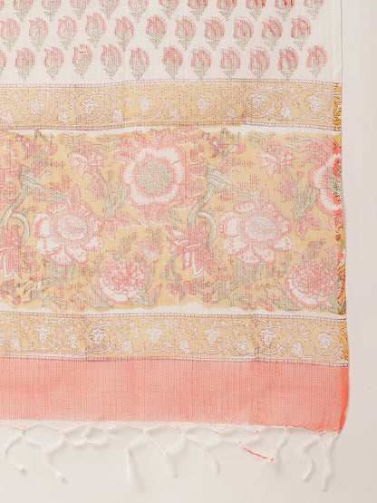 Yellow Hand Block Floral Print Cotton Kurta, Trouser With Dupatta | LASVINI - Redefining Indian Fashion with Elegance