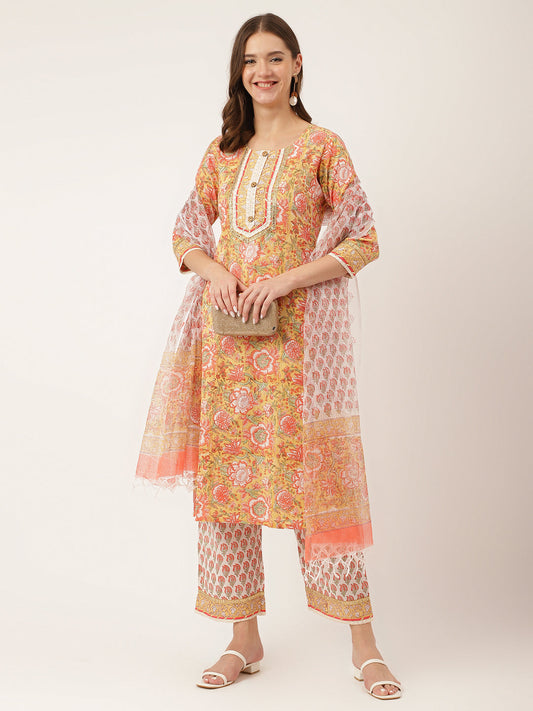 Yellow Hand Block Floral Print Cotton Kurta, Trouser With Dupatta | LASVINI - Redefining Indian Fashion with Elegance