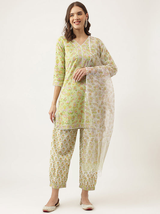 Green Floral Printed Cotton Straight Kurta, Trousers With Dupatta Set | LASVINI - Redefining Indian Fashion with Elegance