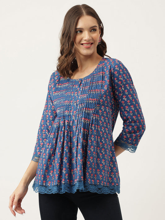 Navy Blue Floral Printed Cotton Peplum Top | LASVINI - Redefining Indian Fashion with Elegance