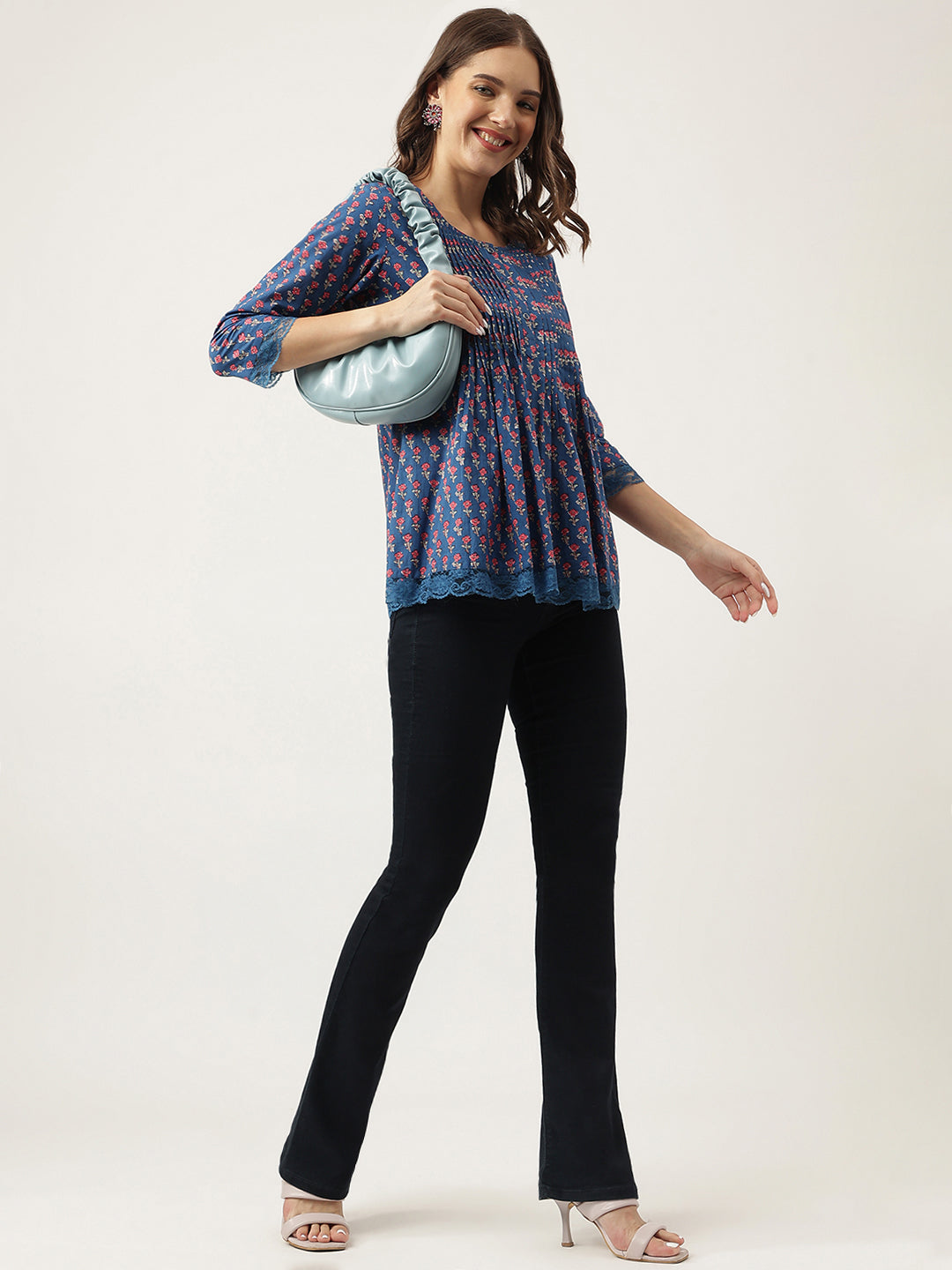 Navy Blue Floral Printed Cotton Peplum Top | LASVINI - Redefining Indian Fashion with Elegance