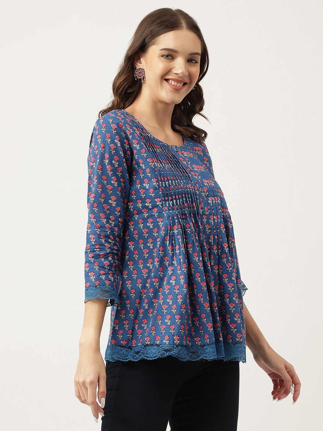 Navy Blue Floral Printed Cotton Peplum Top | LASVINI - Redefining Indian Fashion with Elegance