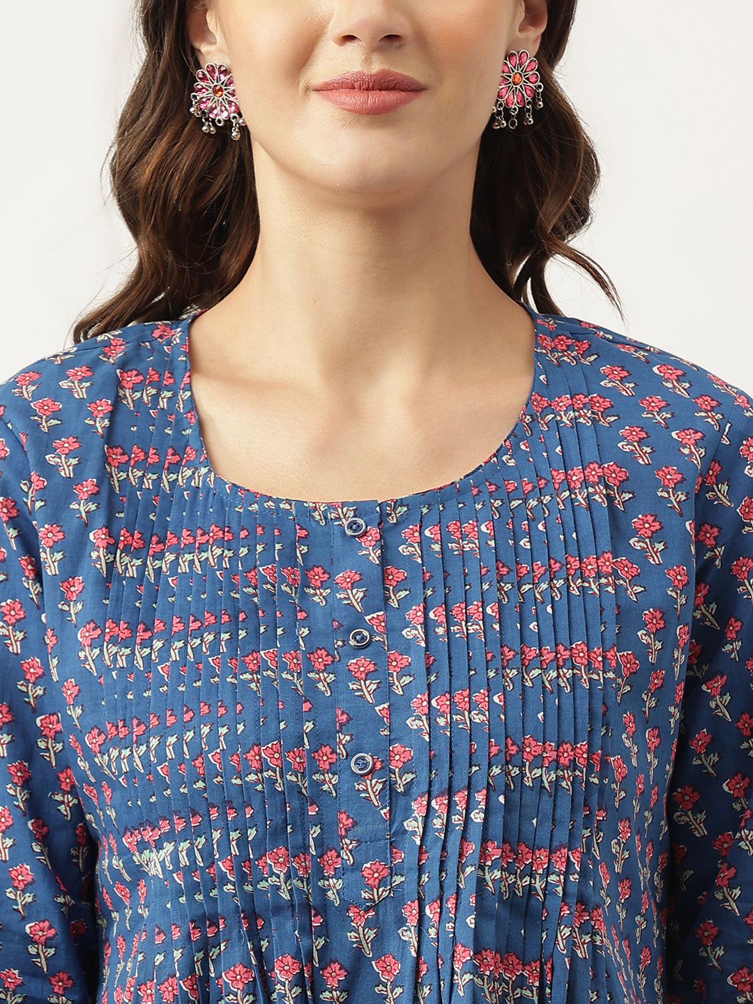 Navy Blue Floral Printed Cotton Peplum Top | LASVINI - Redefining Indian Fashion with Elegance