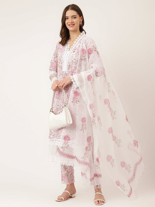 White Hand Block Floral Print Cotton Kurta, Trouser With Dupatta | LASVINI - Redefining Indian Fashion with Elegance