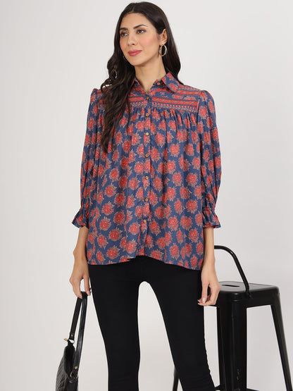 Navy Blue Cotton Peplum Fitcollar Neck Top For Women | LASVINI - Redefining Indian Fashion with Elegance