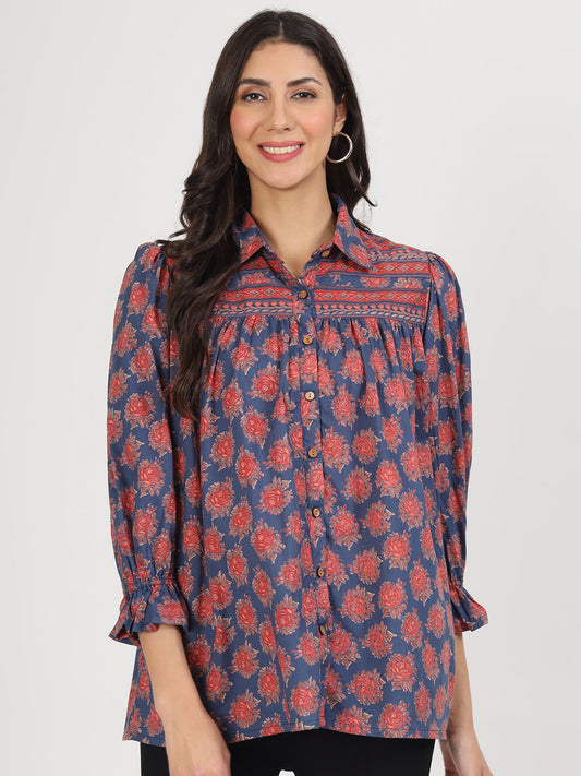 Navy Blue Cotton Peplum Fitcollar Neck Top For Women | LASVINI - Redefining Indian Fashion with Elegance