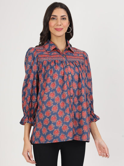 Navy Blue Cotton Peplum Fitcollar Neck Top For Women | LASVINI - Redefining Indian Fashion with Elegance