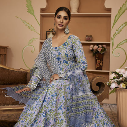 Hand Block Floral Printed Blue Anarkali Cotton Kurta With Trousers & Dupatta | LASVINI - Redefining Indian Fashion with Elegance