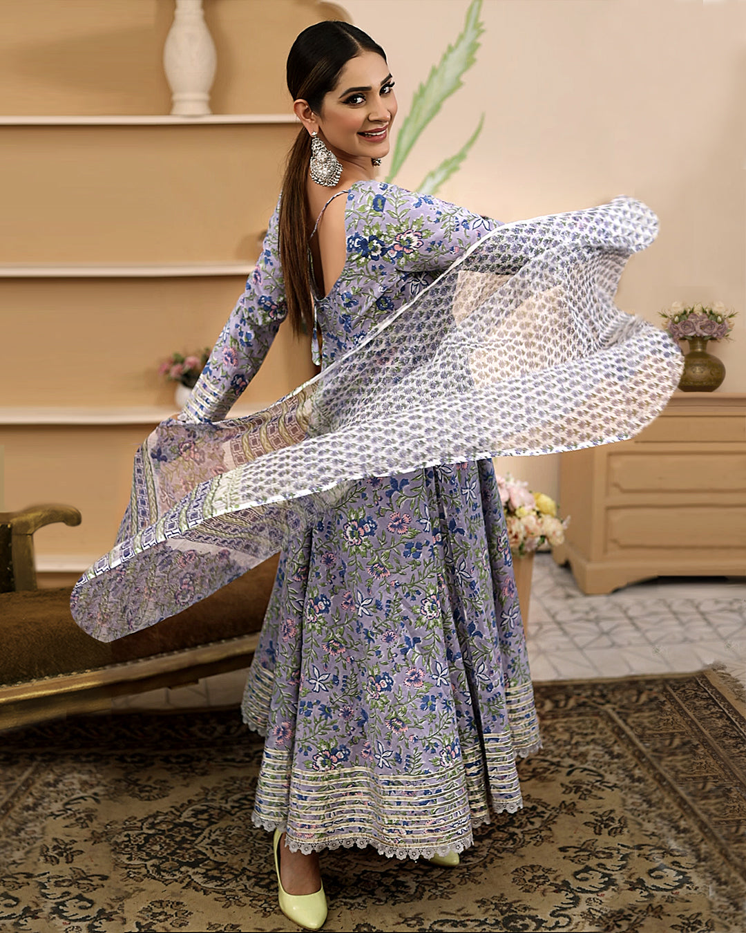Hand Block Floral Printed Blue Anarkali Cotton Kurta With Trousers & Dupatta | LASVINI - Redefining Indian Fashion with Elegance