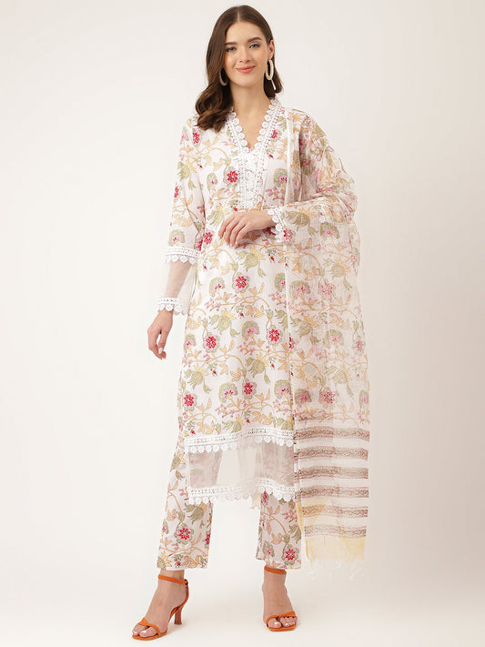 White Hand Block Floral Print Cotton Kurta, Trouser With Dupatta | LASVINI - Redefining Indian Fashion with Elegance