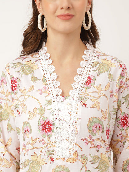 White Hand Block Floral Print Cotton Kurta, Trouser With Dupatta | LASVINI - Redefining Indian Fashion with Elegance