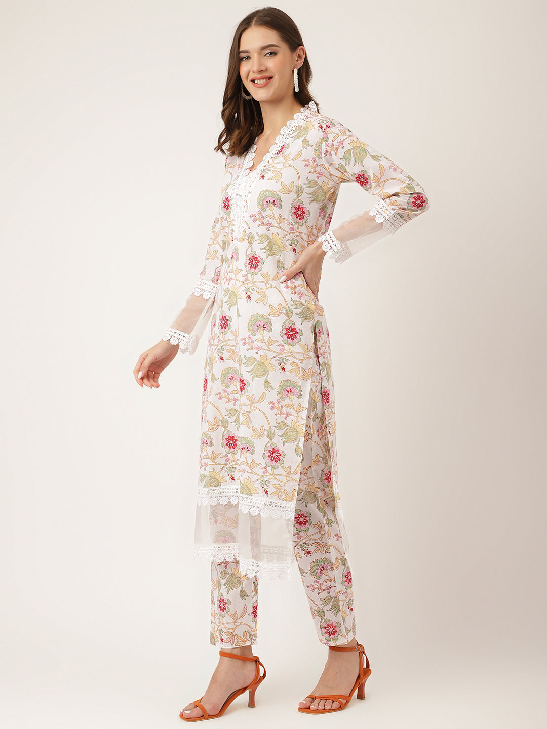 White Hand Block Floral Print Cotton Kurta, Trouser With Dupatta | LASVINI - Redefining Indian Fashion with Elegance