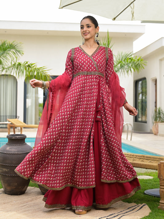 Maroon Printed & Zari Embroidered Rayon Layered Kurta With Dupatta Set For Women | LASVINI - Redefining Indian Fashion with Elegance