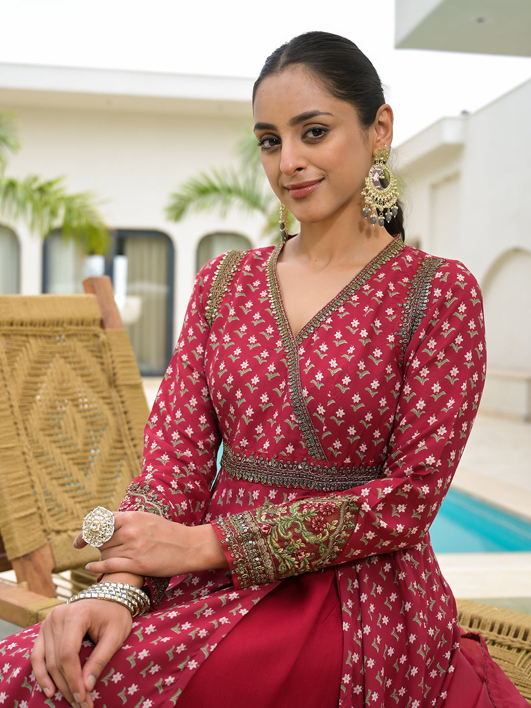 Maroon Printed & Zari Embroidered Rayon Layered Kurta With Dupatta Set For Women | LASVINI - Redefining Indian Fashion with Elegance