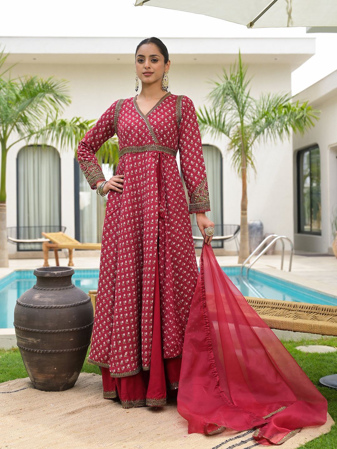 Maroon Printed & Zari Embroidered Rayon Layered Kurta With Dupatta Set For Women | LASVINI - Redefining Indian Fashion with Elegance