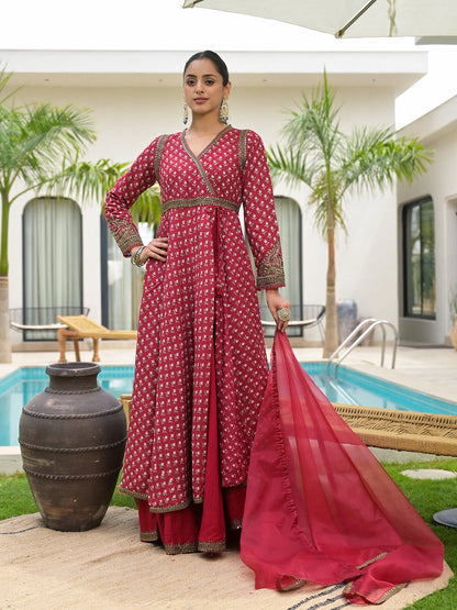 Maroon Printed & Zari Embroidered Rayon Layered Kurta With Dupatta Set For Women | LASVINI - Redefining Indian Fashion with Elegance